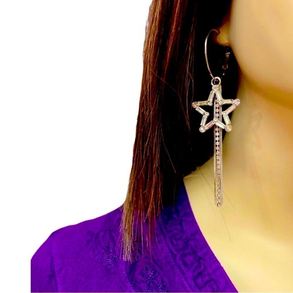 Silver Stars Dazzling Long Tassel Chains Hoop Earrings NEW